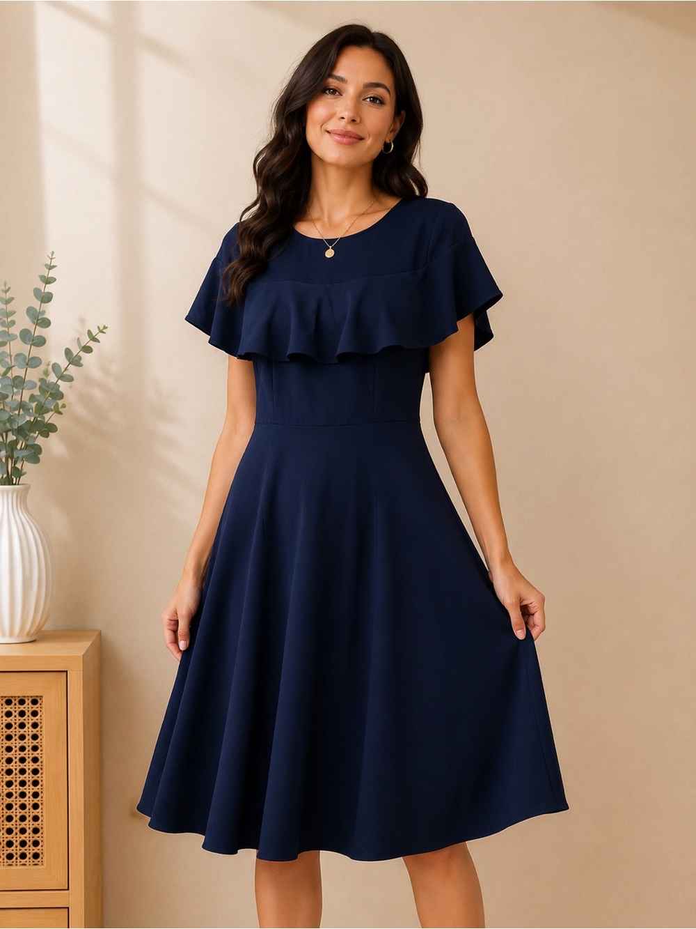 Lace & Mesh Navy Blue Ruffle Dress Size Small